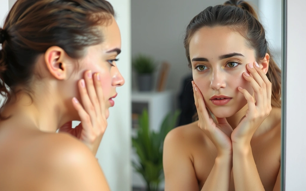 Mujer joven examinando su piel en un espejo
