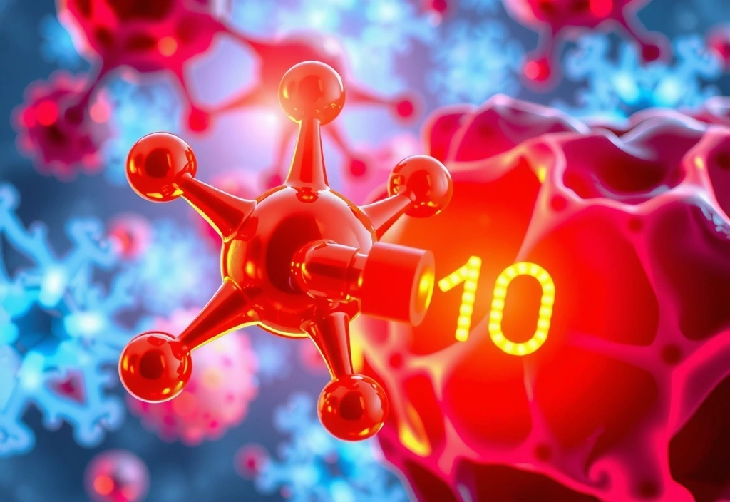 Molécula de CoQ10 con un fondo vibrante de células energéticas.