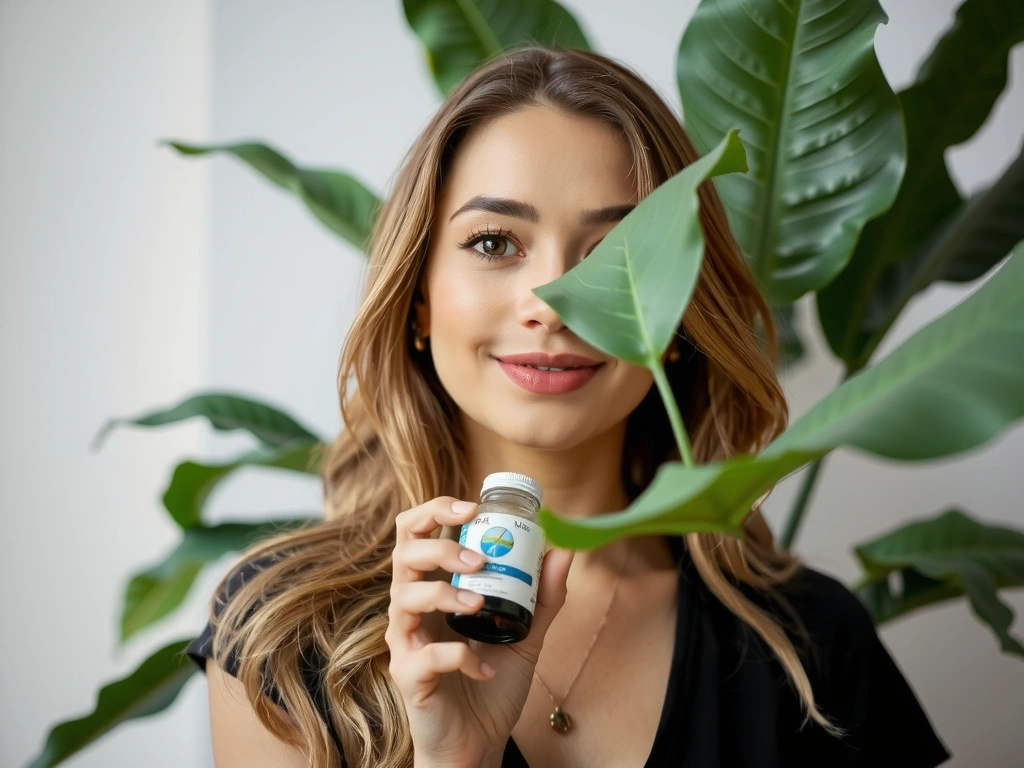 Mujer sonriendo llena de energía con suplementos naturales.