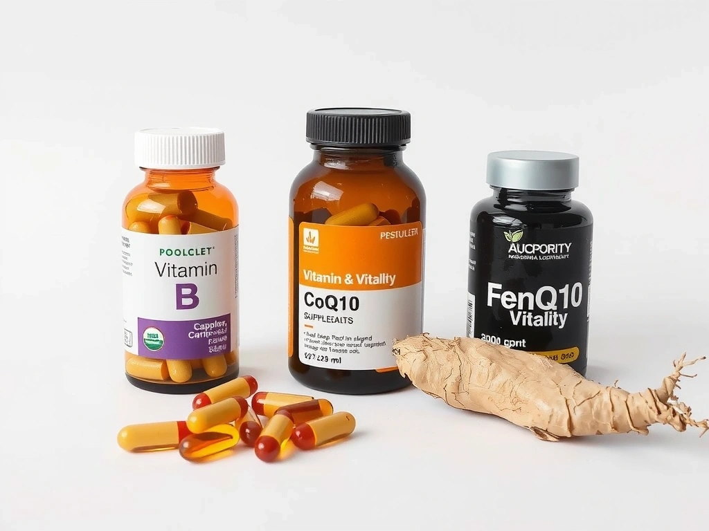 Selección de suplementos para energía y vitalidad, incluyendo vitaminas B, CoQ10 y ginseng.