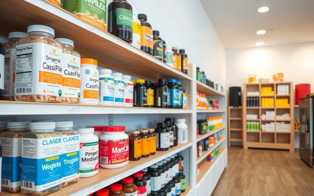 Variedad de suplementos en una estantería de tienda.