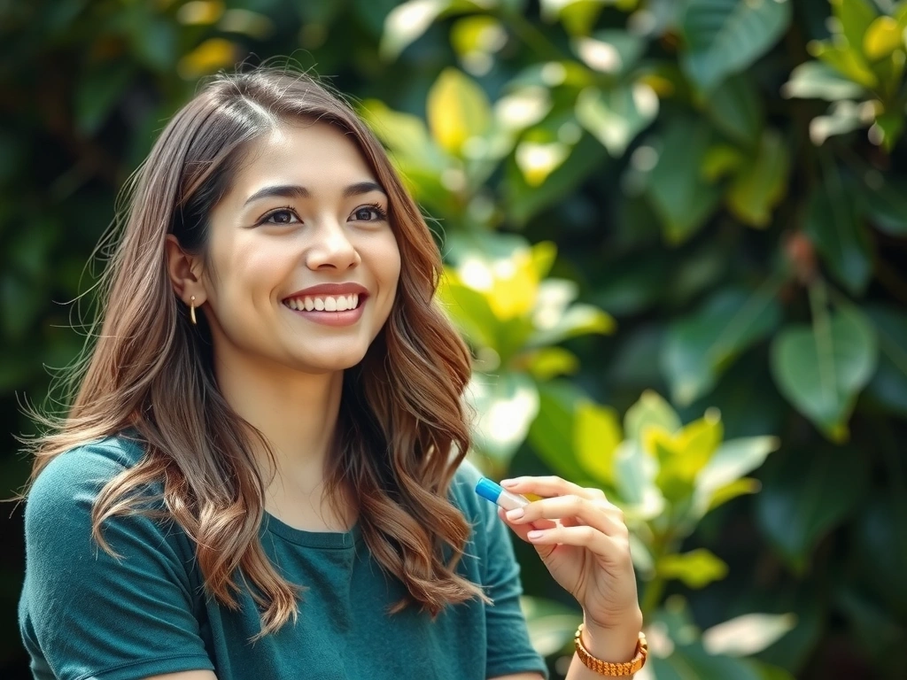 Mujer sonriente disfrutando de la vitalidad que le brindan los suplementos naturales, con un fondo de naturaleza.