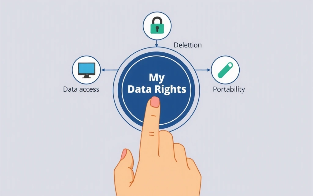 Ilustración de una mano presionando un botón digital con el texto 'Mis Derechos de Datos', rodeado de iconos que representan acceso, rectificación y eliminación.