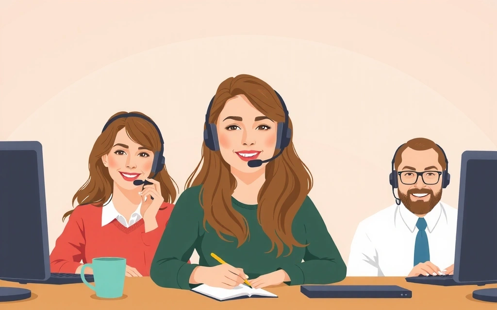 Ilustración de un equipo de soporte al cliente, con personas sonriendo y auriculares, simbolizando la ayuda y la comunicación.